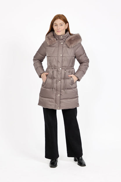 Grey Diamond Quilted Jacket with Detachable Fur Hood
