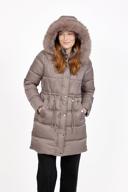Grey Diamond Quilted Jacket with Detachable Fur Hood