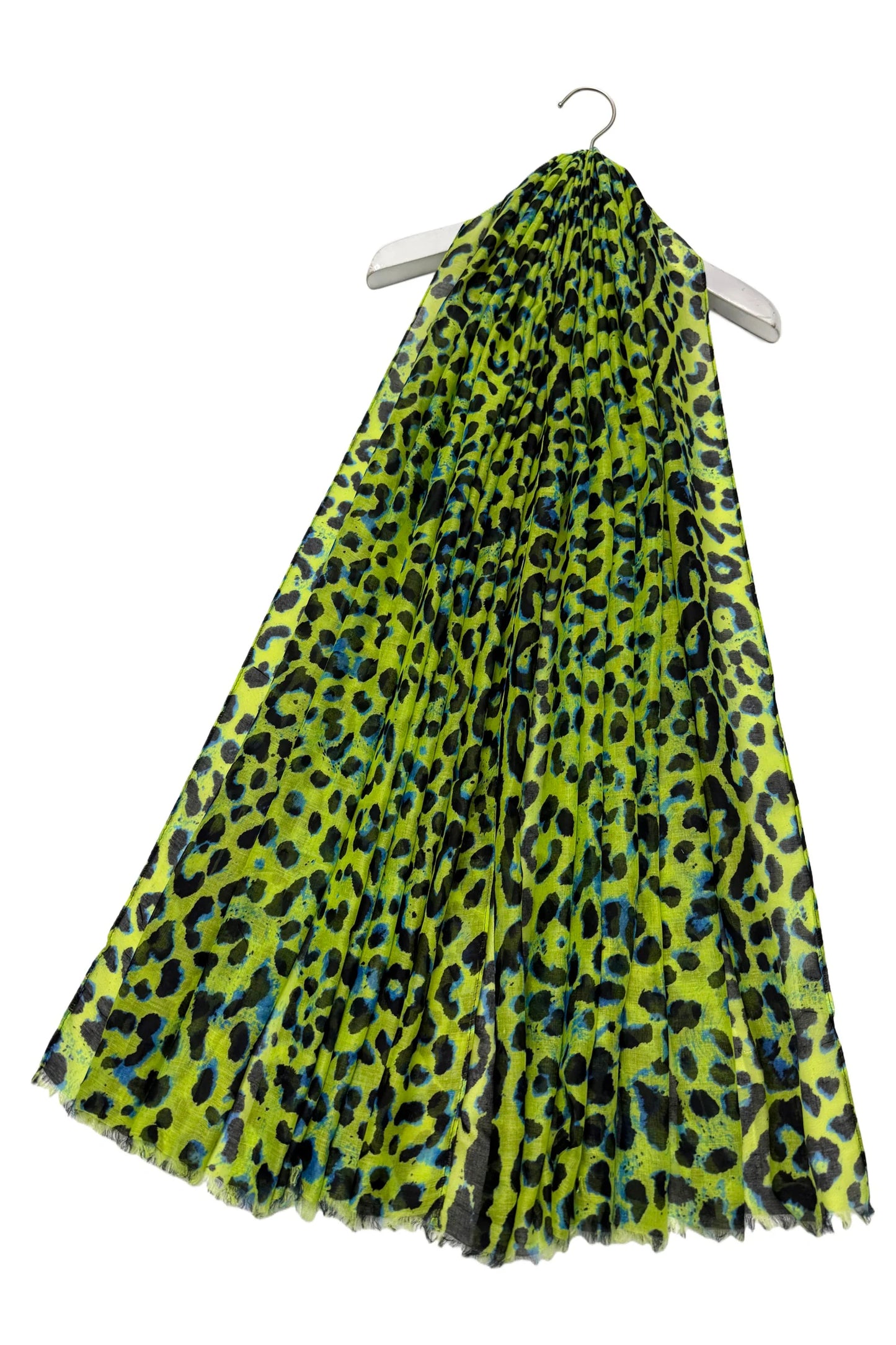 Leopard Print Frayed Scarf in Neon Green