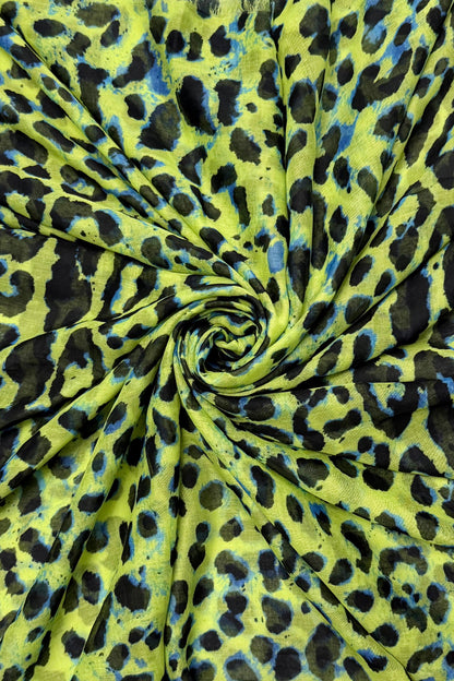 Leopard Print Frayed Scarf in Neon Green