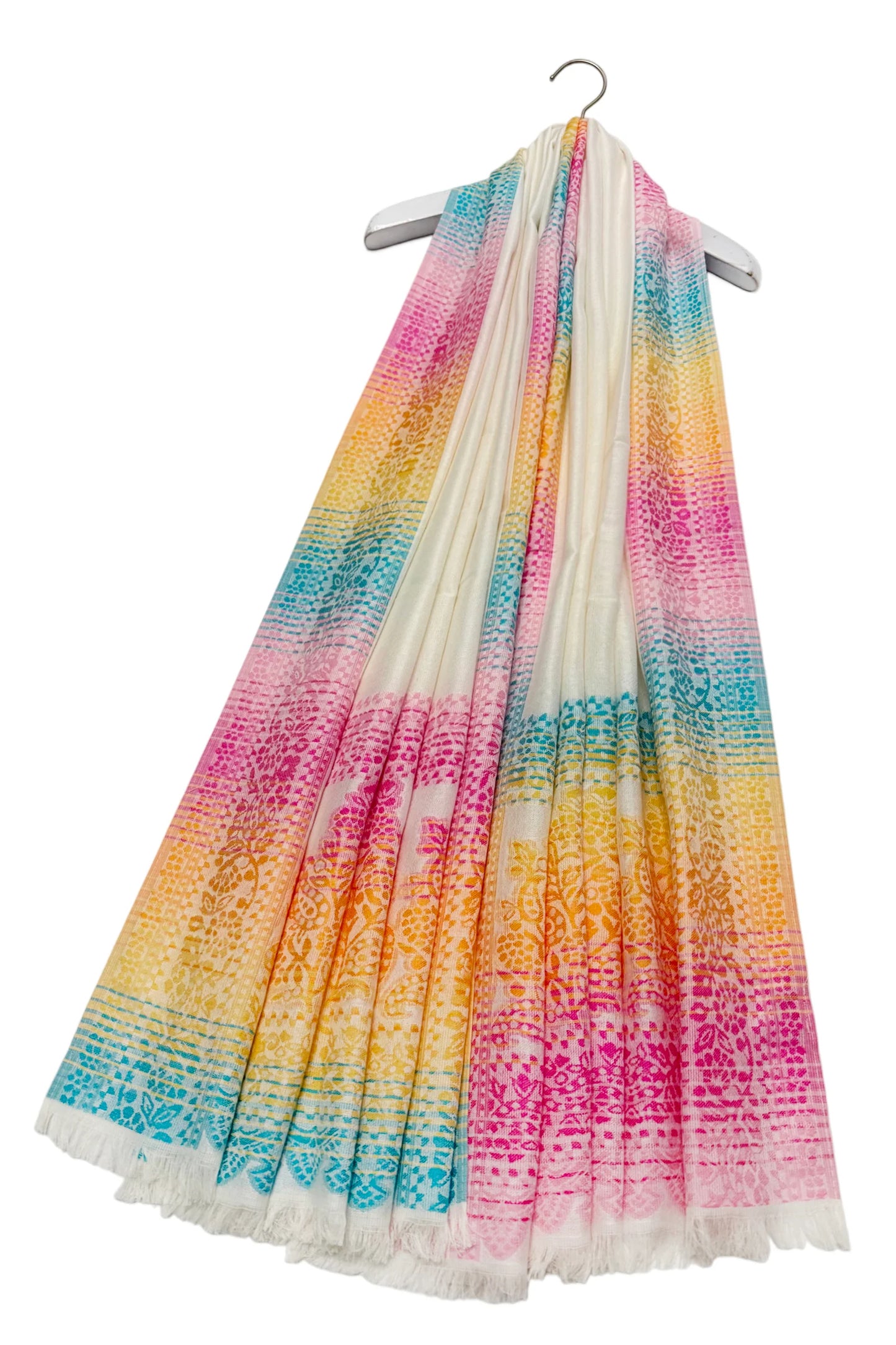 Paisley Cotton Frayed Scarf in Cream/Fuchsia