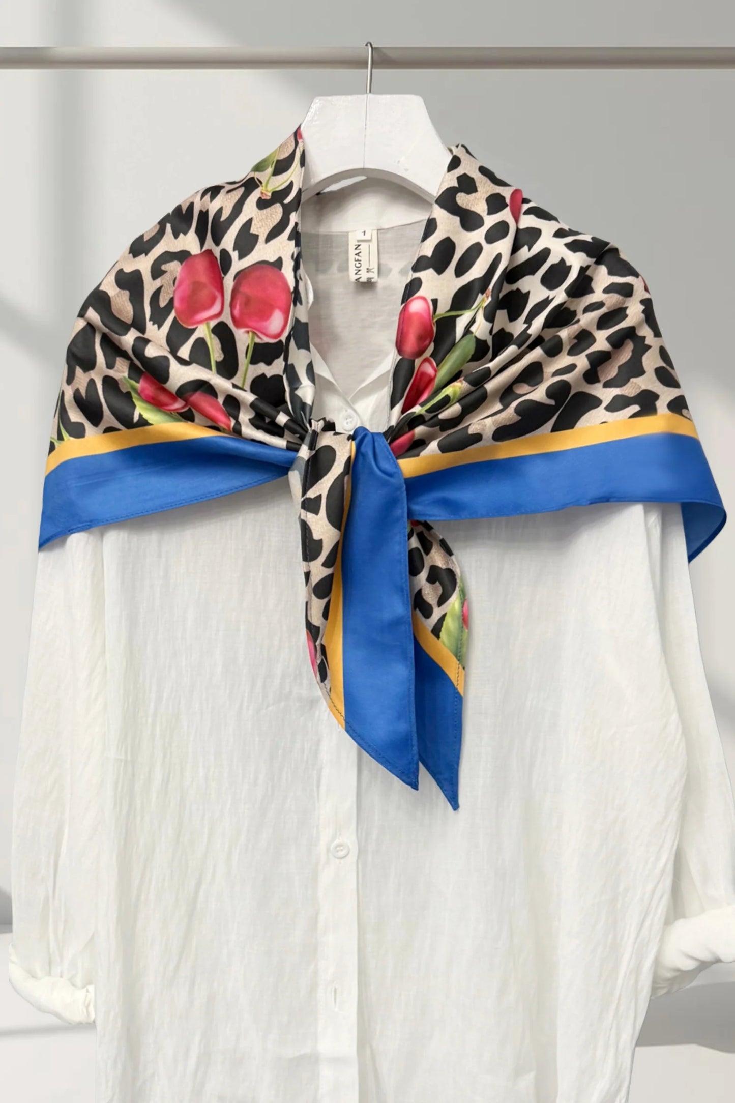 Cherry and Leopard Silk Triangle Scarf in Blue