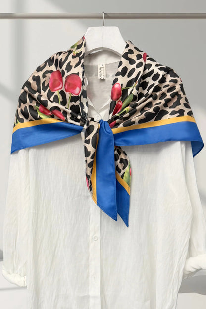 Cherry and Leopard Silk Triangle Scarf in Blue
