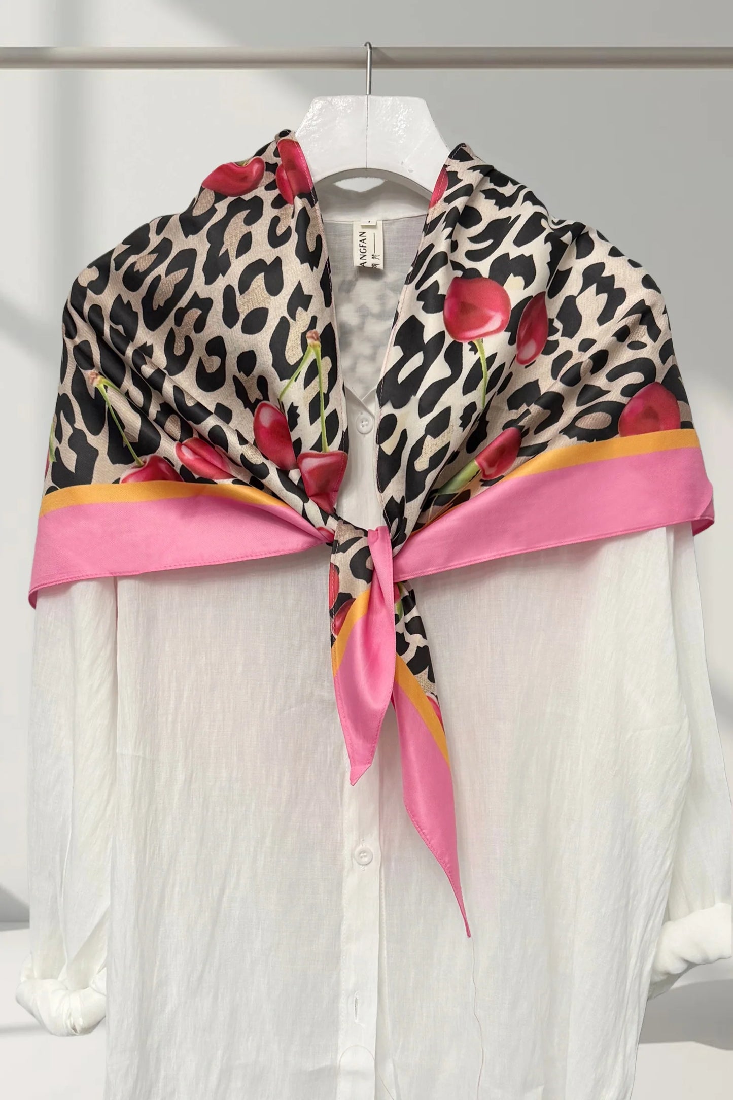 Cherry and Leopard Silk Triangle Scarf in Pink