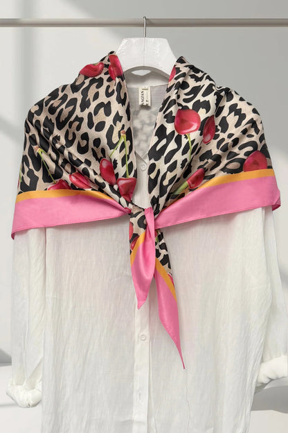 Cherry and Leopard Silk Triangle Scarf in Pink