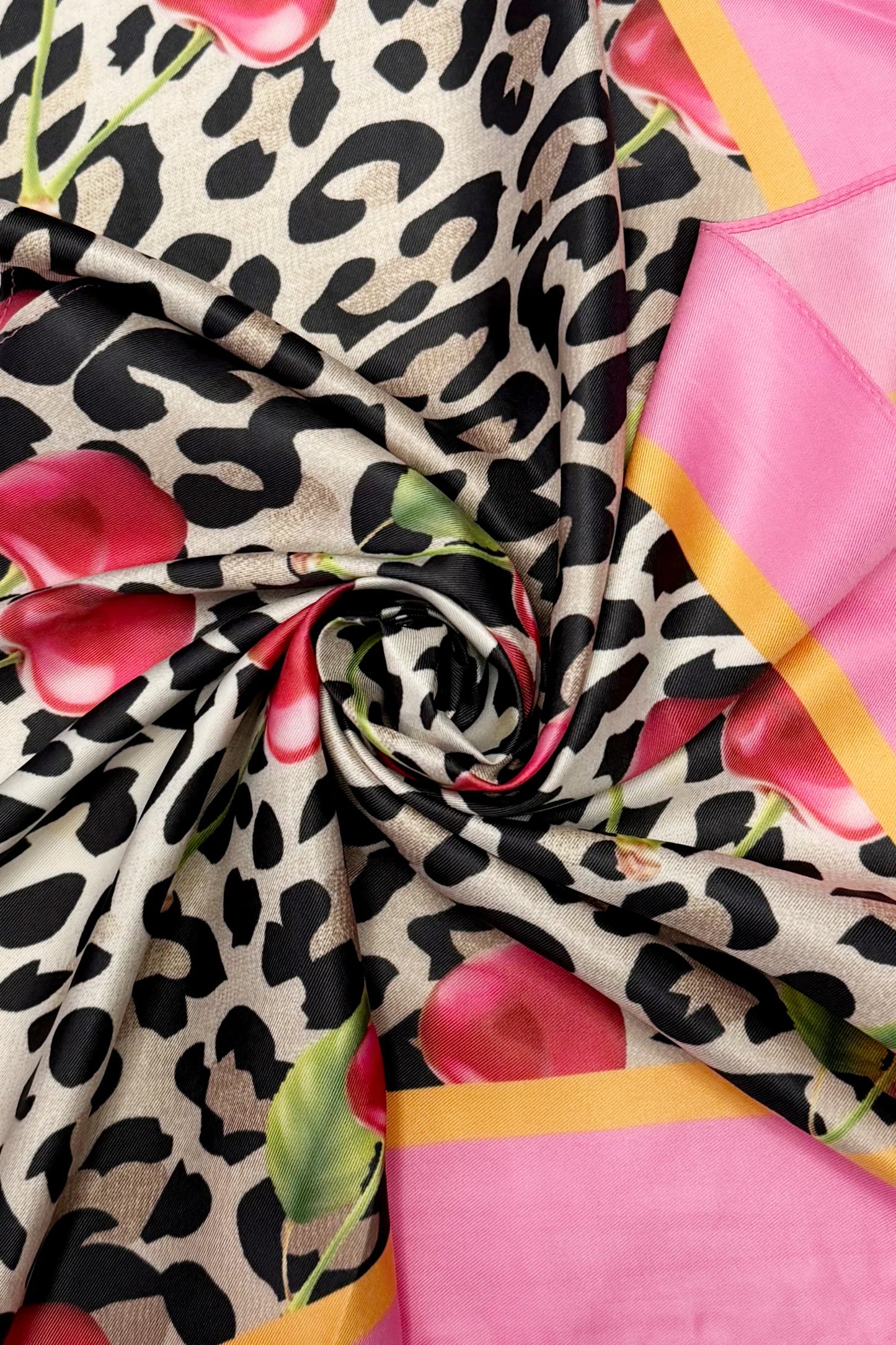 Cherry and Leopard Silk Triangle Scarf in Pink
