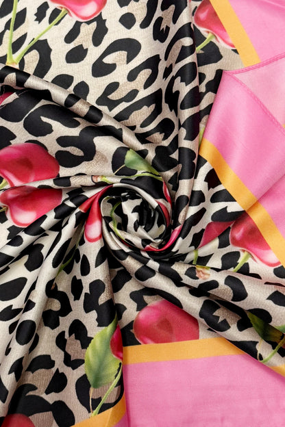 Cherry and Leopard Silk Triangle Scarf in Pink
