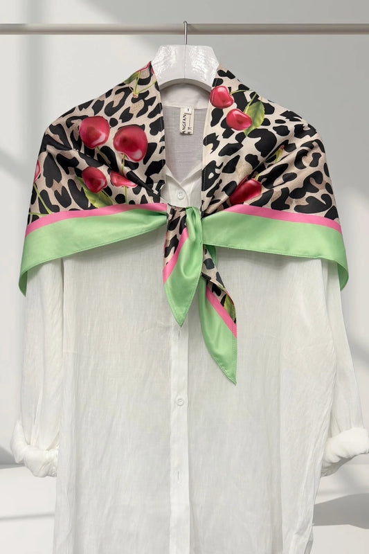 Cherry and Leopard Silk Triangle Scarf in Lime Green