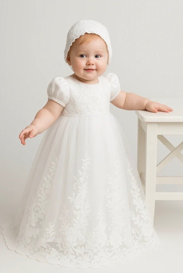 Baby Girls Off White Alexa Full Length Christening Gown with Heirloom Lace and Matching Bonnet