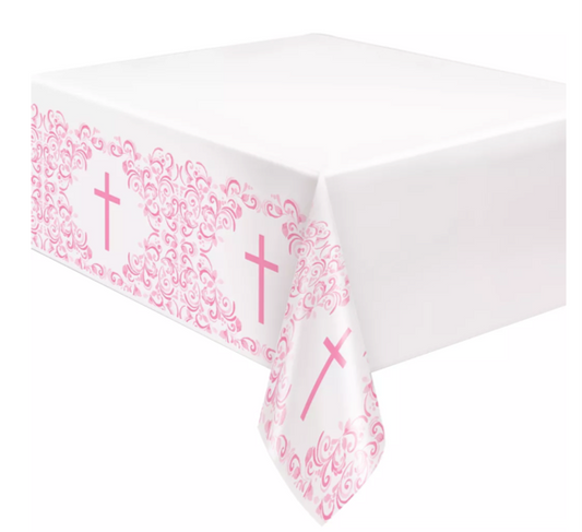 Pink cross plastic tablecloth