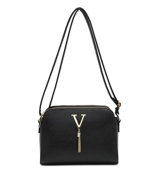 Black Ladies Small Handbag with 'V' and Tassel Detail