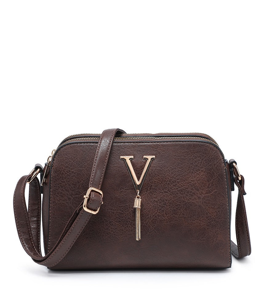 Ladies Coffee Handbag with Gold V and Tassel Detail