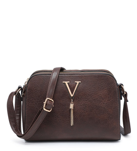 Ladies Coffee Handbag with Gold V and Tassel Detail