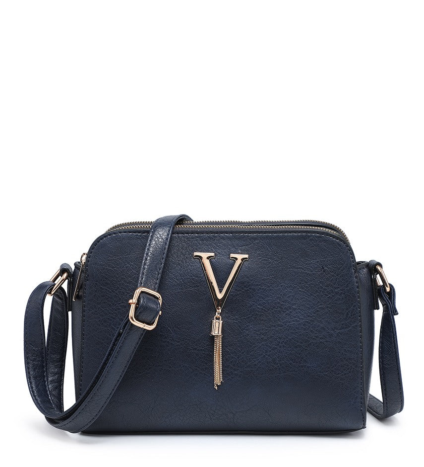 Ladies Dark Blue Handbag with Gold V and Tassel Detail