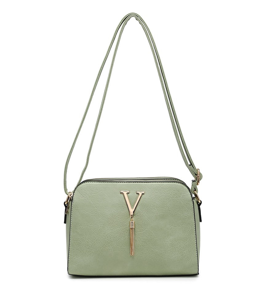 Green Ladies Small Handbag with 'V' and Tassel Detail
