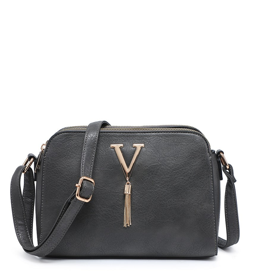 Ladies Grey Handbag with Gold V and Tassel Detail