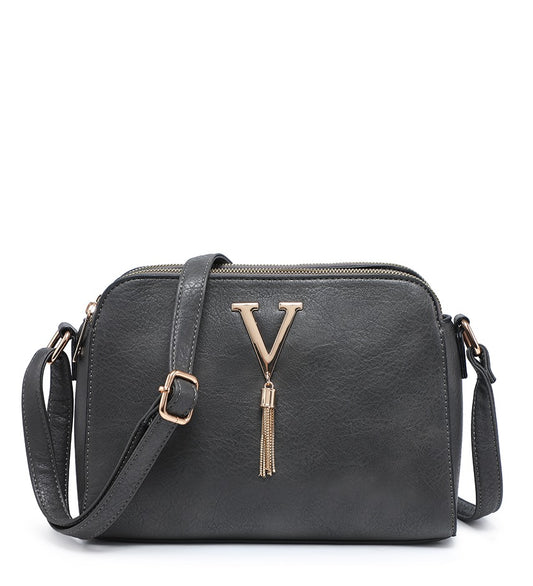 Ladies Grey Handbag with Gold V and Tassel Detail