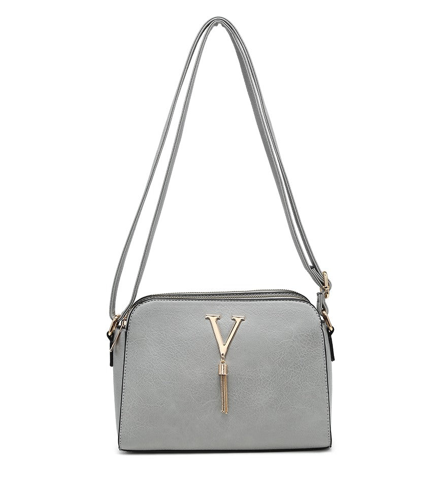 Grey Ladies Small Handbag with 'V' and Tassel Detail