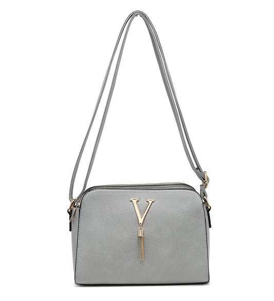 Grey Ladies Small Handbag with 'V' and Tassel Detail