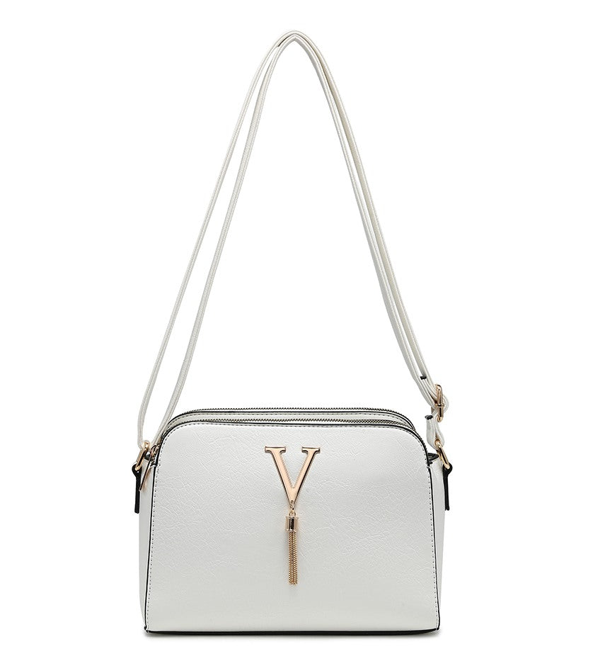 White Ladies Small Handbag with 'V' and Tassel Detail