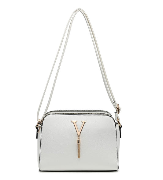 White Ladies Small Handbag with 'V' and Tassel Detail