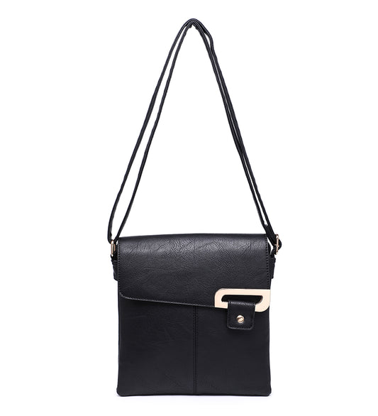 Black Ladies Crossbody Bag with Folding Flap