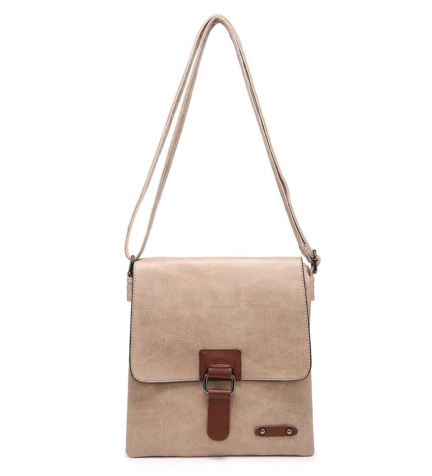 Ladies Beige Crossbody Bag with Brown Leather Detailing