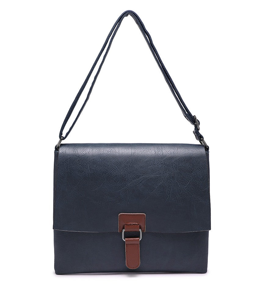 Large Blue Crossbody Bag with Black Leather Detailing
