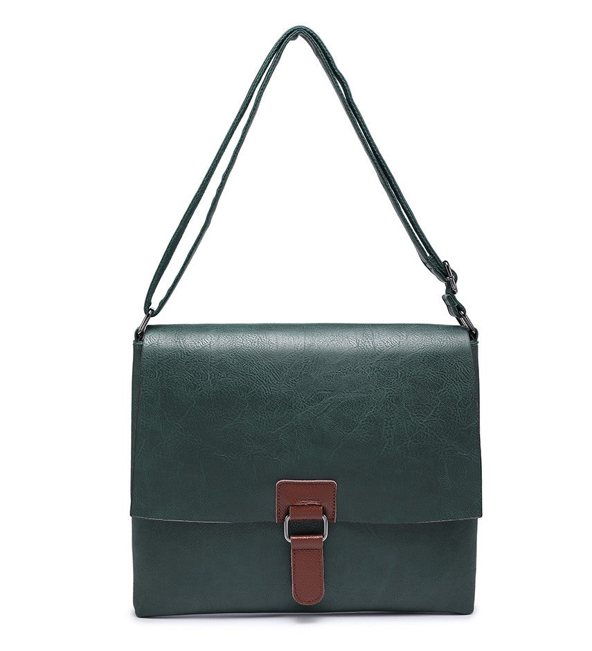 Large Green Crossbody Bag with Black Leather Detailing
