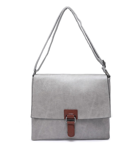 Large Grey Crossbody Bag with Brown Leather Detailing