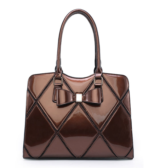 Coffee Diamond Pattern Handbag With Bow a38079