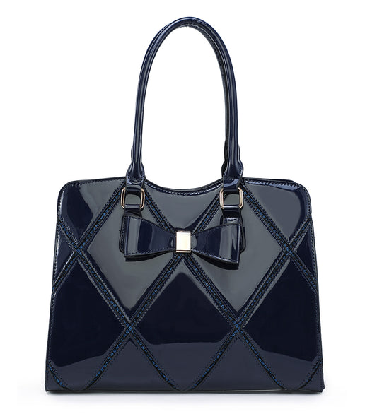 Dark Blue Diamond Pattern Handbag With Bow a38079