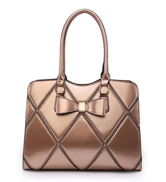 Gold Diamond Pattern Handbag With Bow a38079