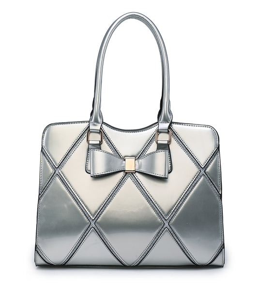 Silver Diamond Pattern Handbag With Bow a38079