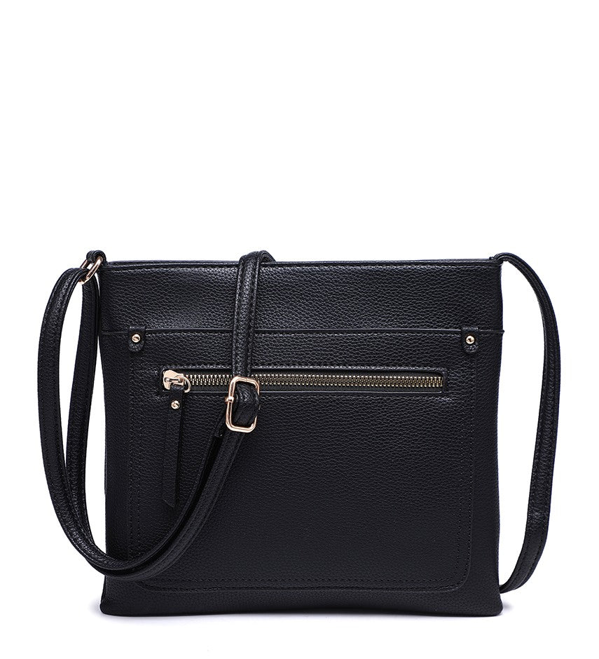 Black Ladies Crossbody Bag with Front Zip Pouch