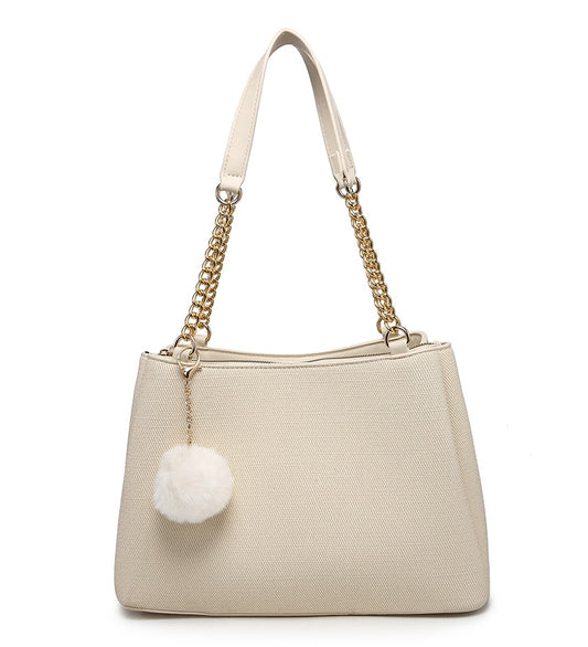 Beige Textured Handbag with Pom-Pom Detail