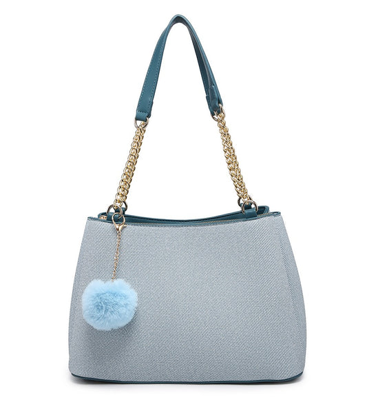 Blue Textured Handbag with Pom-Pom Detail