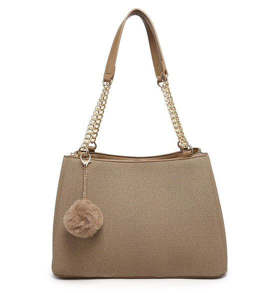 Brown Textured Handbag with Pom-Pom Detail
