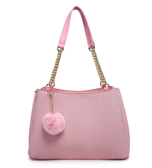 Pink Textured Handbag with Pom-Pom Detail
