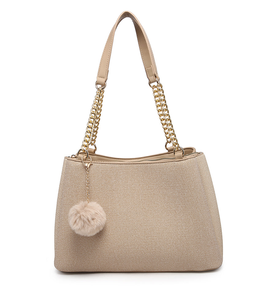 Khaki Textured Handbag with Pom-Pom Detail