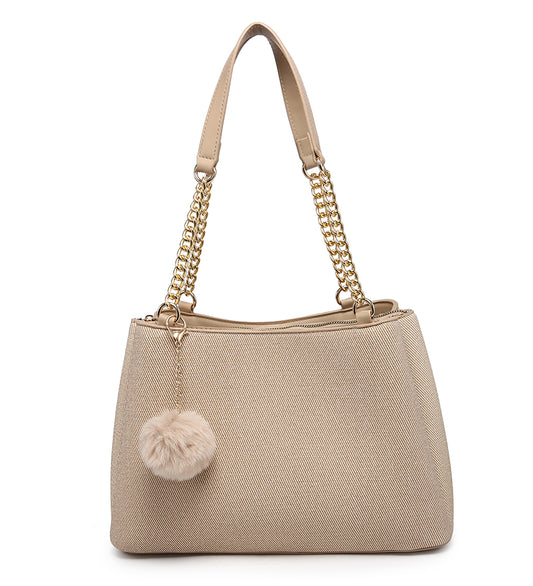 Khaki Textured Handbag with Pom-Pom Detail