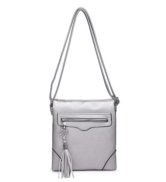 Silver Crossbody Bag with Tassel Detail