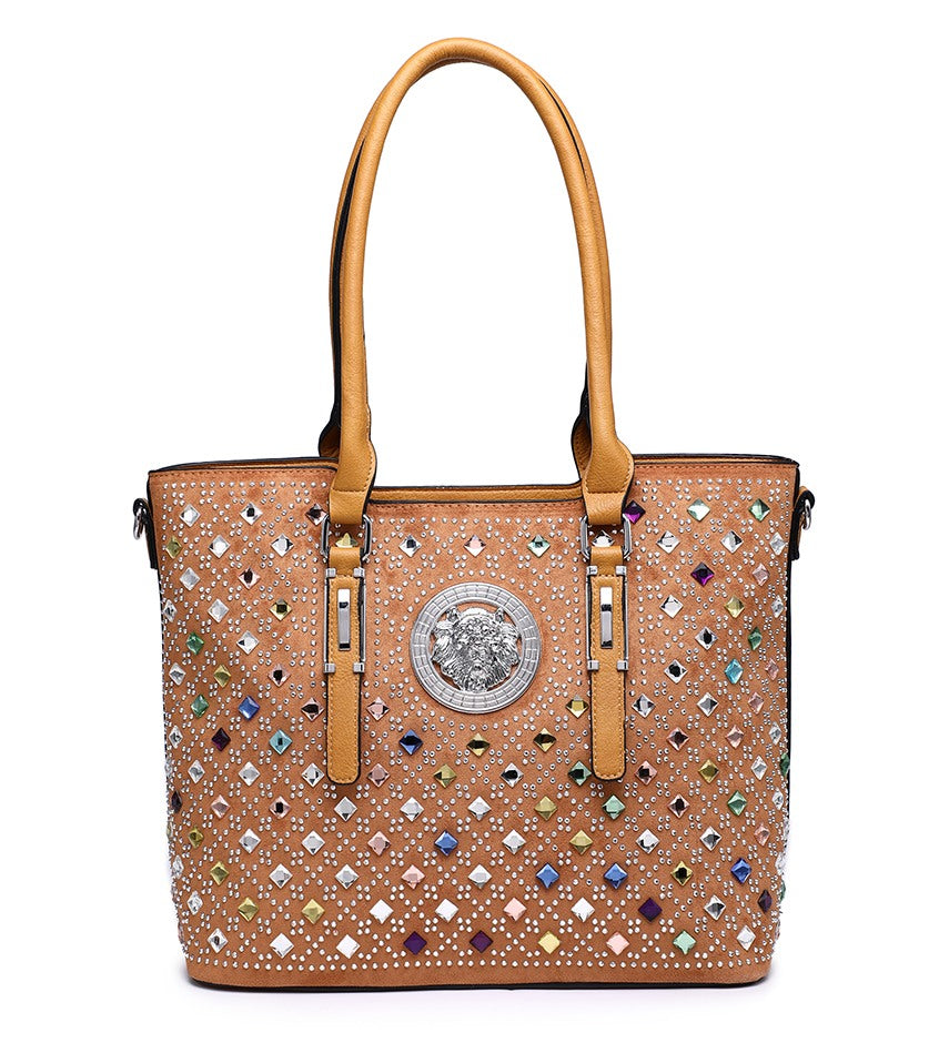 Mustard Ladies Handbag with Coloured Gem Detailing
