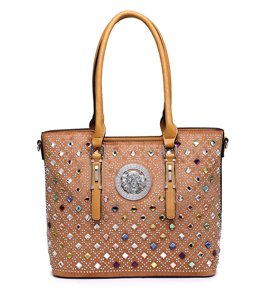 Mustard Ladies Handbag with Coloured Gem Detailing
