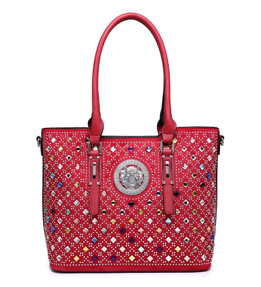 Red Ladies Handbag with Coloured Gem Detailing