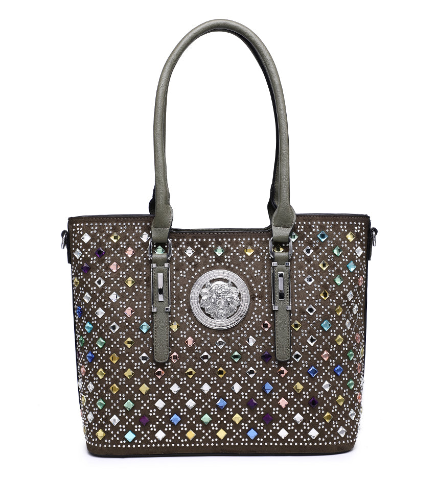 Green Ladies Handbag with Coloured Gem Detailing