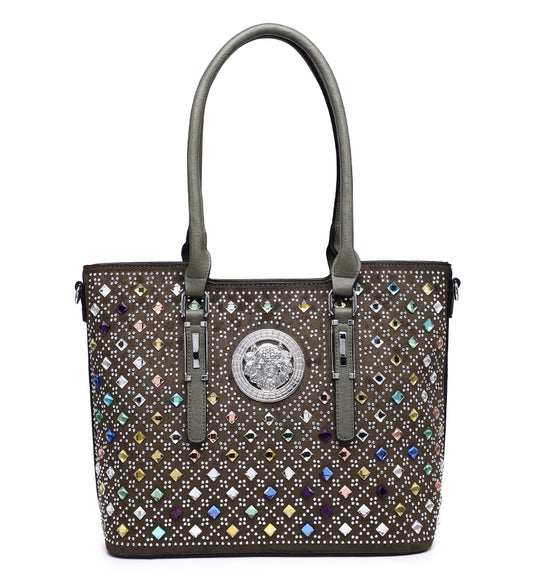 Green Ladies Handbag with Coloured Gem Detailing