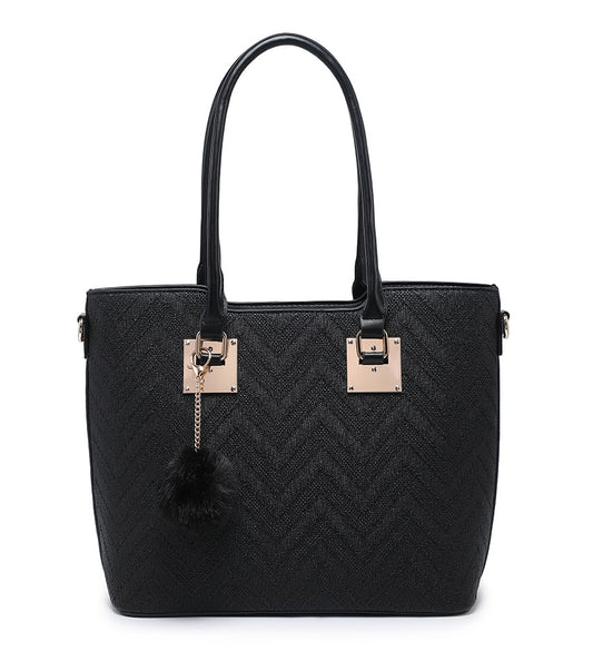 Zig-Zag Textured Black Handbag with Pom-Pom