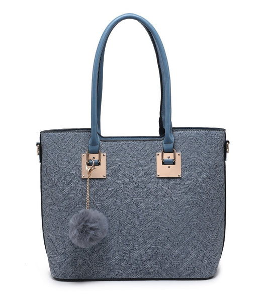 Zig-Zag Textured Blue Handbag with Pom-Pom