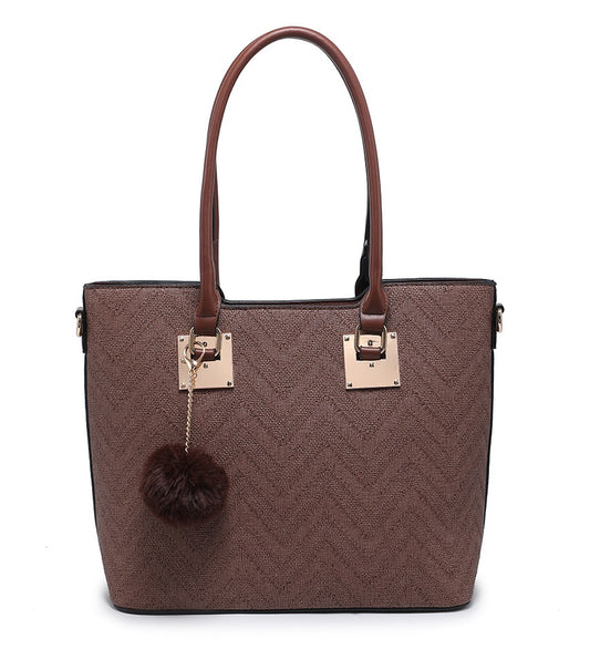 Zig-Zag Textured Coffee Handbag with Pom-Pom